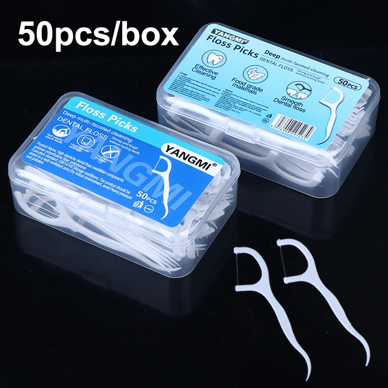 

50Pcs Portable Disposable Dental Floss Plastic Material Toothpick High-tension Dental Floss Stick Dental Box Oral Care