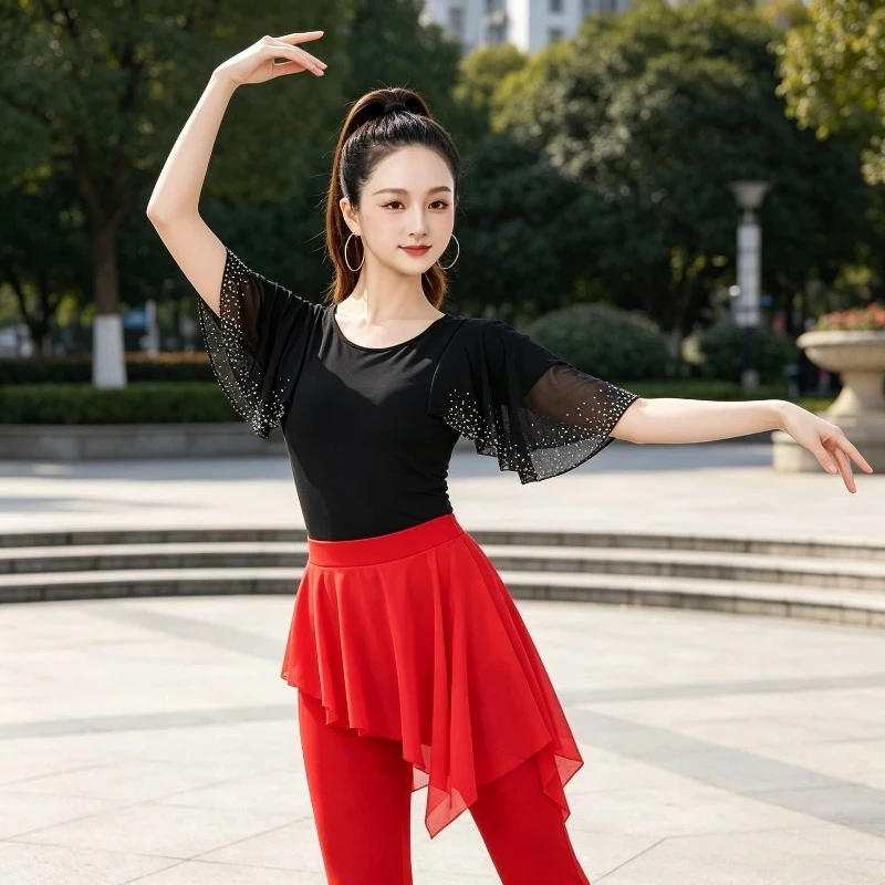 

Latin Dance Tops Women 2025 New Rhinestone Decoration Modern Line Dance Practice Performance Adult Female Comfort Dance Wear