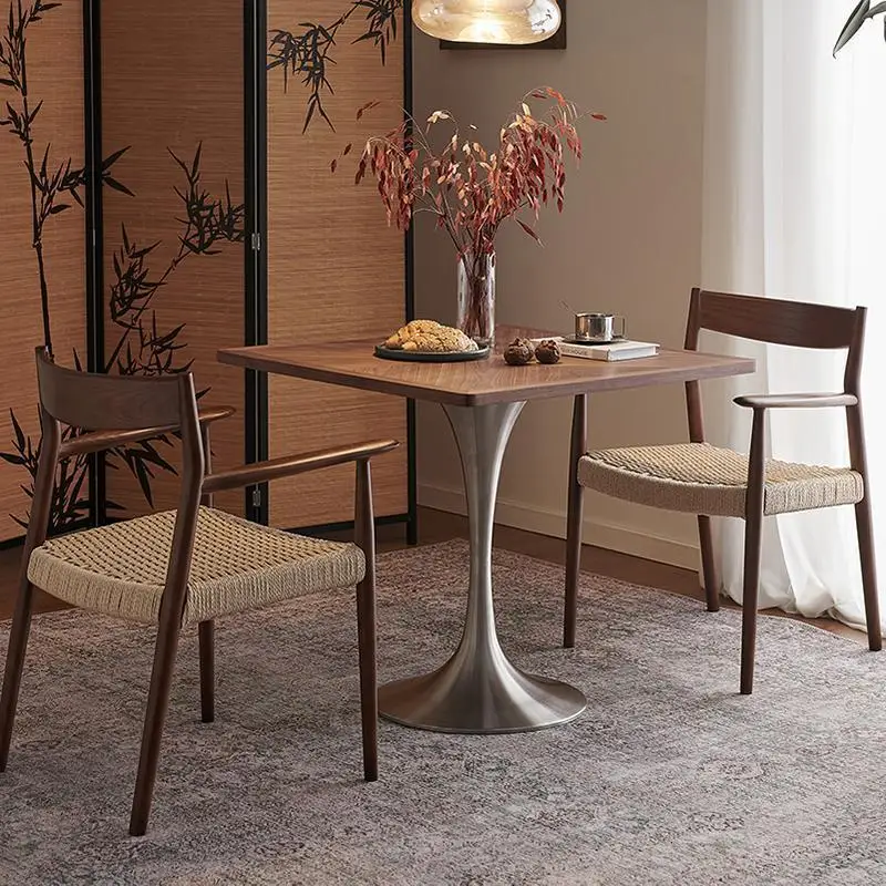 

#Solid Wood Rectangular Dining Table With Stainless Steel Mid-Century Design For Hotel & Coffee Reception