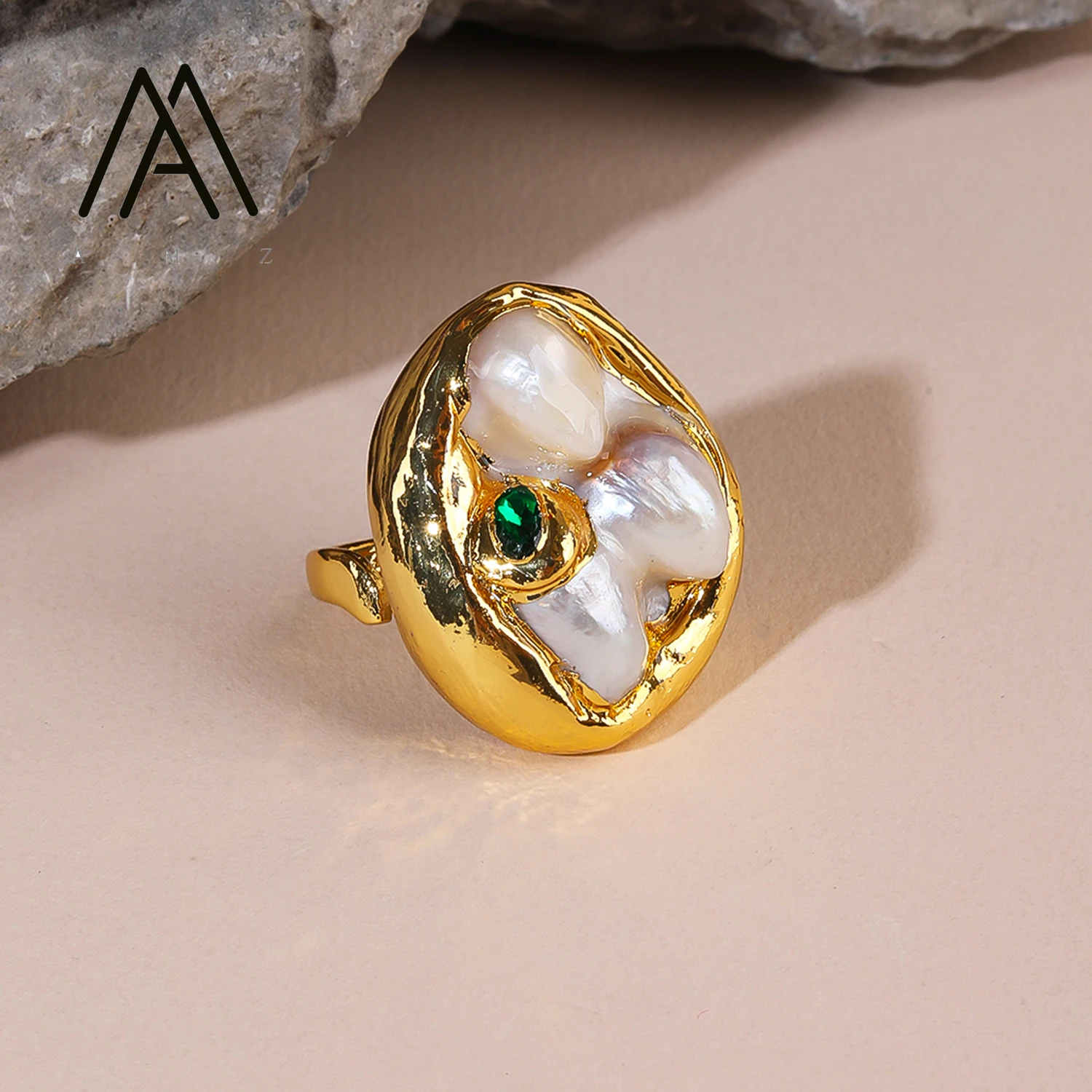 

Vintage Pearl Ring Irregular Natural Pearl Jewelry with Green Zircon Luxurious 24K Gold-Plated Unisex Party Ring Adjustable