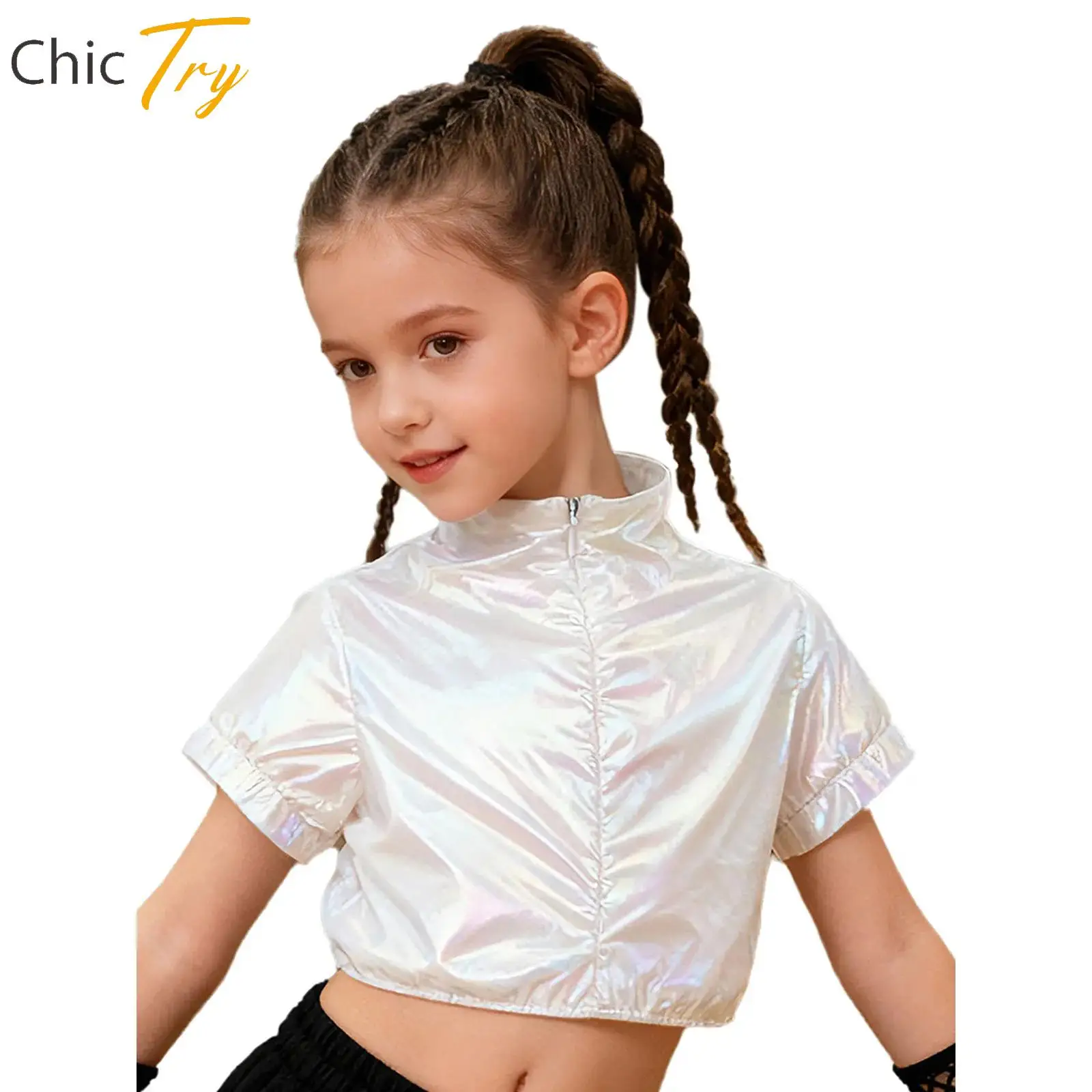 

Топы для джазовых танцев для детей, танцевальная одежда для девочек в стиле хип-хоп, топы с короткими рукавами и буквенным принтом, металлические топы, костюмы для дня рождения