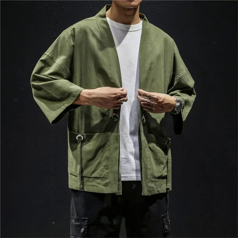 Japanese Fashion Kimono Cardigan Traditional Linen Shirts Men Basic Solid Color Samurai Costume Male Streetwear Yukata Haori MN1