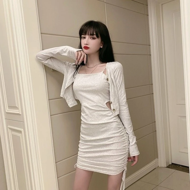 

Women’s Fashion Two Piece Set Ruffle Strap Crop Dress with Cardigan Trendy Outfit 2026 New Arrival