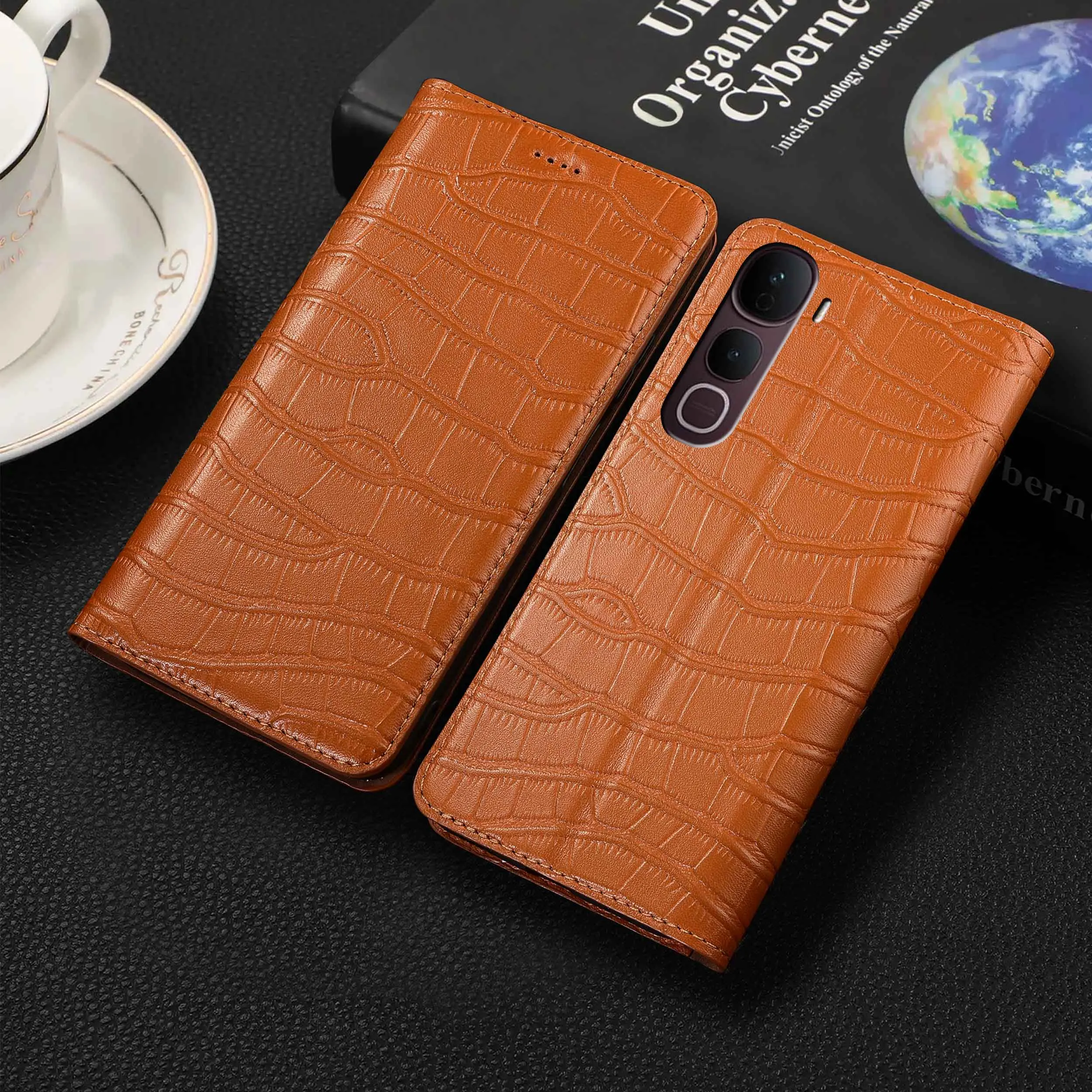 

For Vivo Y200 Y200i Y200T Y300 Y300i Y300T Y400 Pro Plus GT Crocodile Belly Pattern Of Genuine Leather Flip Phone Case Cowhide