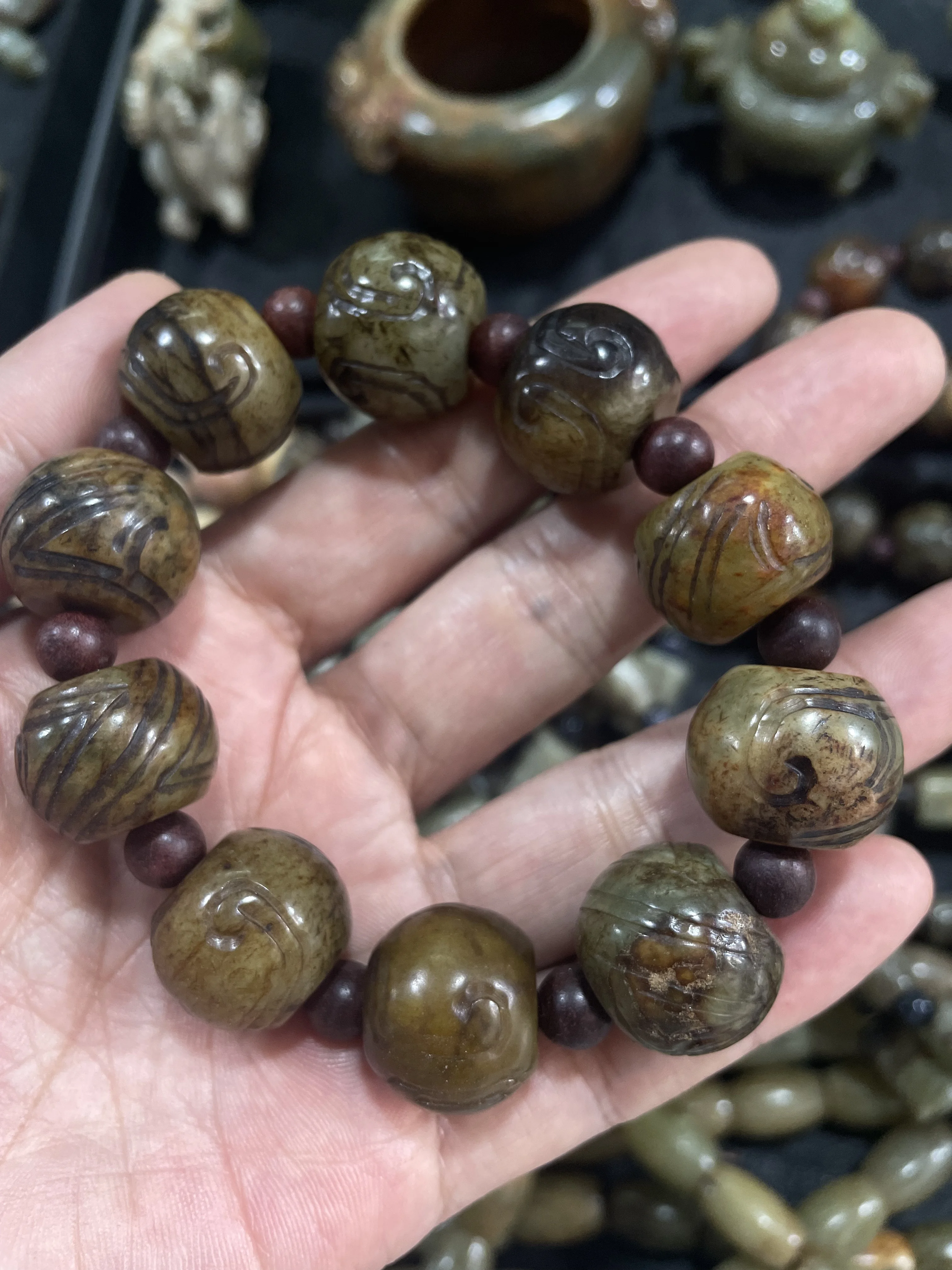 2 Kinds For Choice Treasure Top Chinese Hetian Old Jade Old Methed Sculptural totem Bead Bracelet Carving Timestown 20240725B2