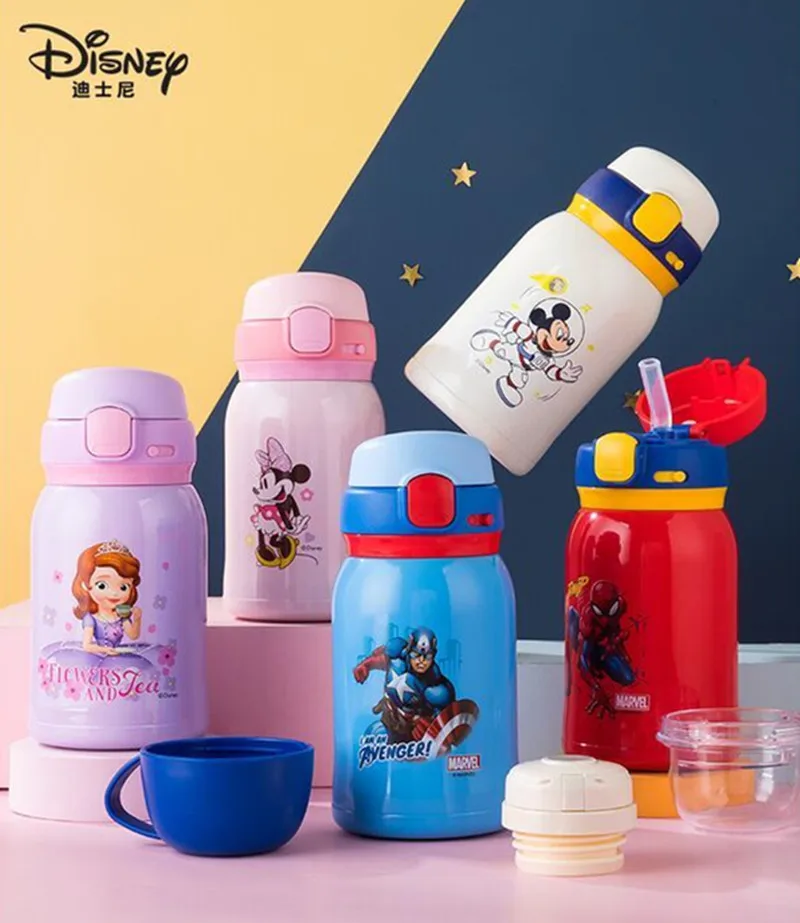 450Ml Mickey Minnie Kids Thermos Mug Captain America Stainless Steel Vacuum Flasks for baby Children water cups with bag