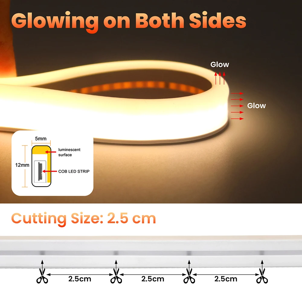 Solar Double Sided Lighting COB LED Neon Strip Light Waterproof 24V 320 LEDs Flex Lamp 300K 4000K 6000K 5m 10m 0.5m Garden Decor