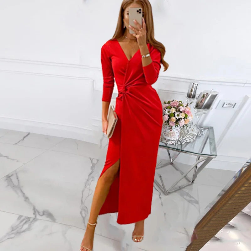 Fashion Autumn Solid Colour Bodycon Wrap V-neck Cotton Dress Women Midi Waist Spliced Long Sleeve Commuter Dresses Sexy Robes