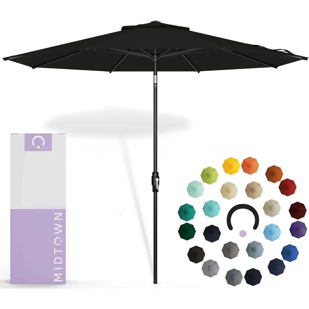 

9 Feet Patio Umbrella in Sunbrella Black Acrylic Fabric - Fiberglass Ribs, Auto-Tilt Aluminum Frame For Backyard