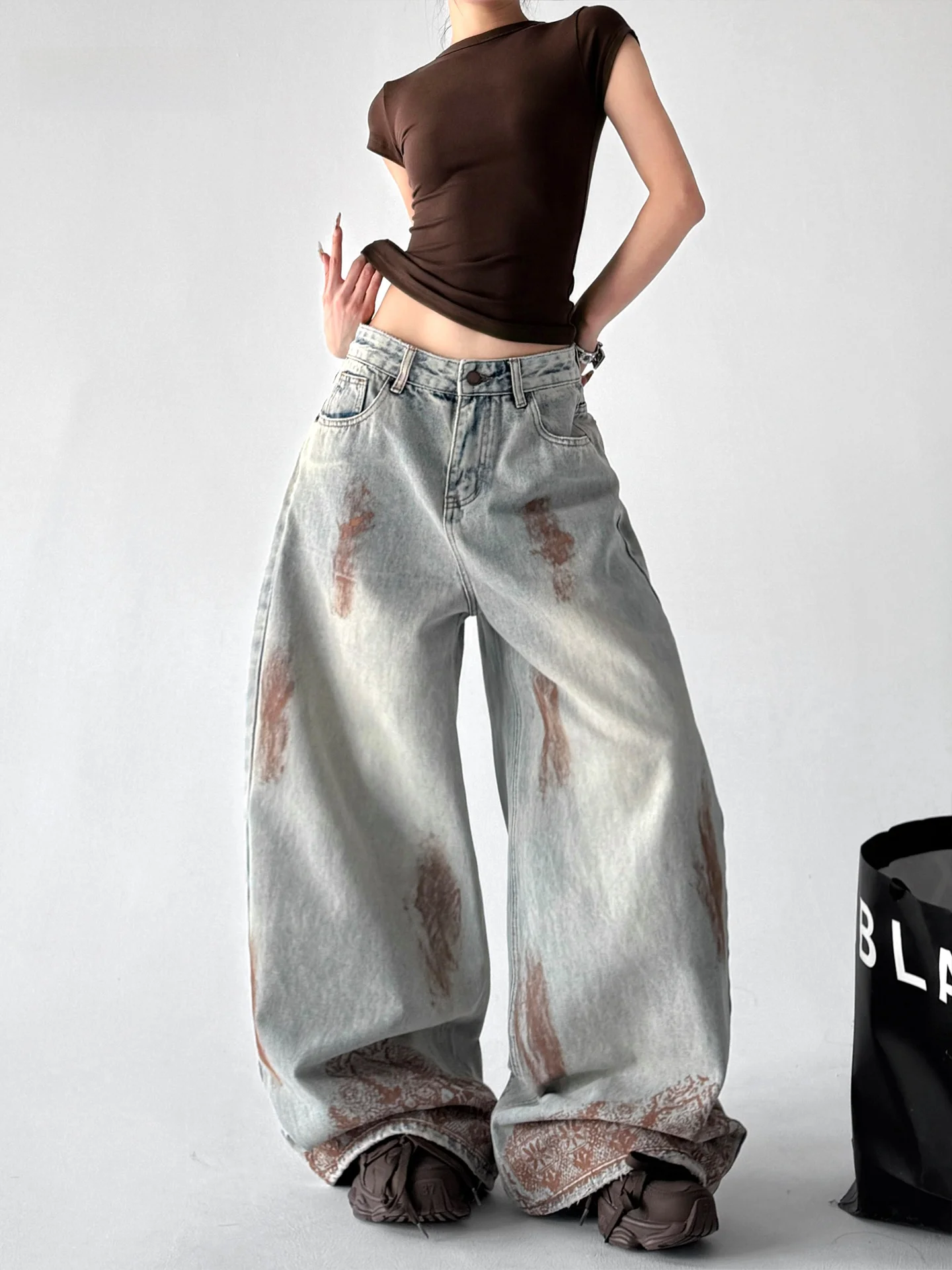 

Tall Women's Spring Faion Loose Wide Leg Jeans Low Waist Cotton Blend Knee Length Knife Draped Sle Casual Trousers