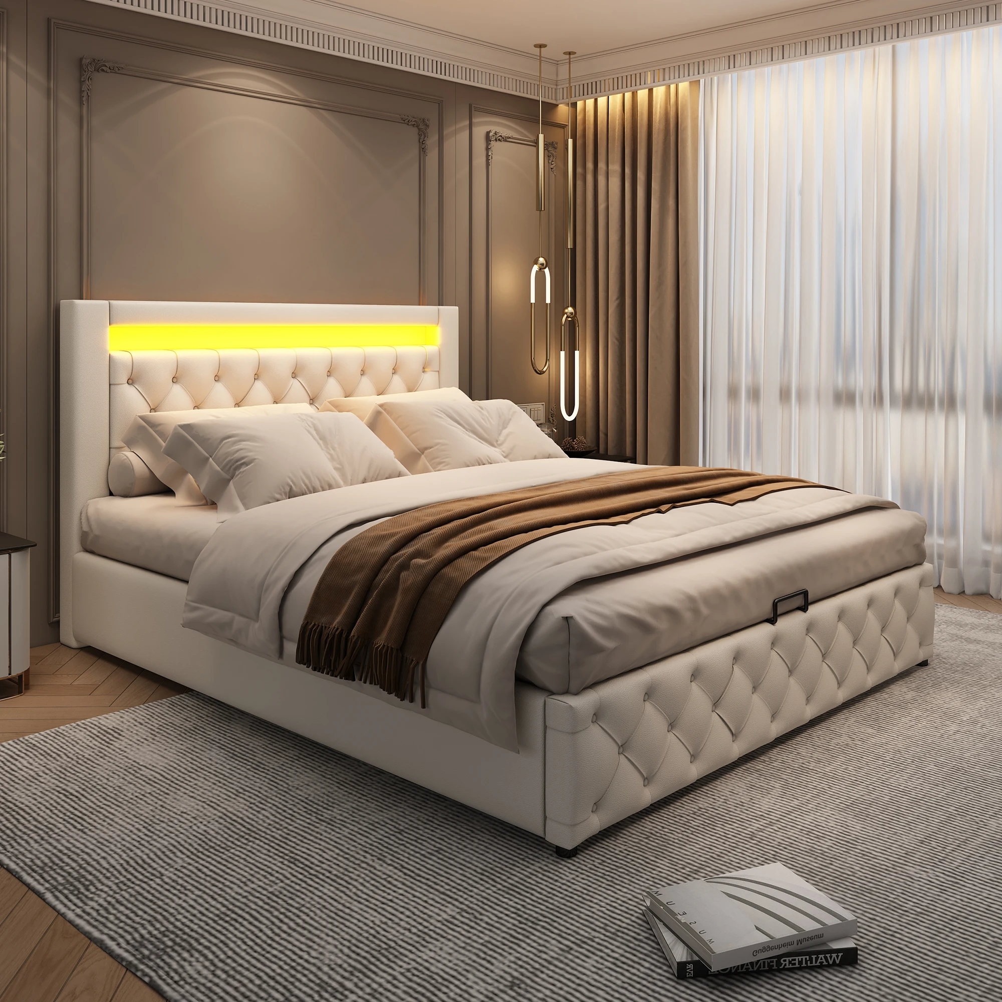 Upholstered Bed, Functional Bed with Slatted Frame and Storage Space LED Lighting in Different Colors PU