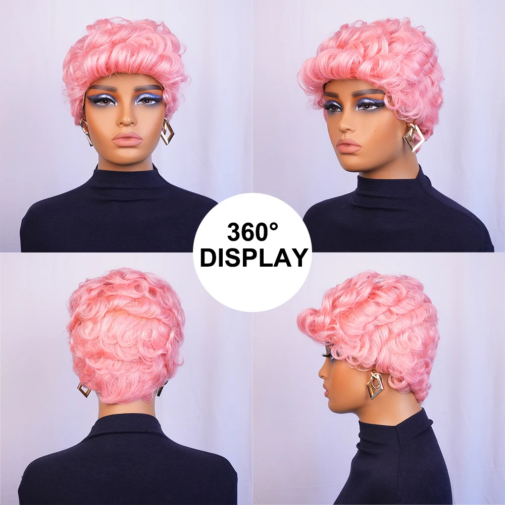 Розовый цвет Свободные вьющиеся парики Короткие парики с стрижкой пикси Человеческие волосы с челкой для женщин Базильские волосы Машинное производство Кепка 100% человеческие волосы
