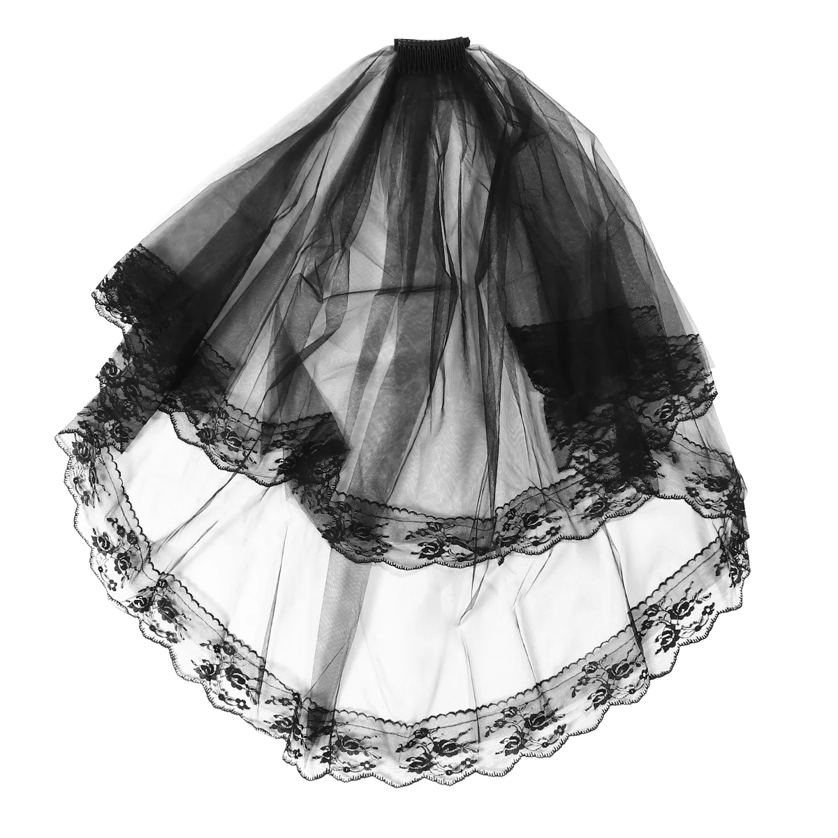Halloween Barrettes Comb Lace Two Layers Headdress Belt Face Cover Headband Veil for Wedding with Bridal Girl Women Black