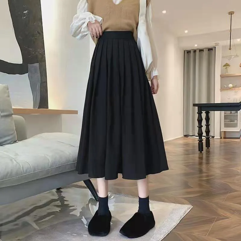 GIDYQ Vintage Women High Waist Pleated Skirt Korean Elegant College Style Midi Skirt Casual All Match Student A Line Skirts New