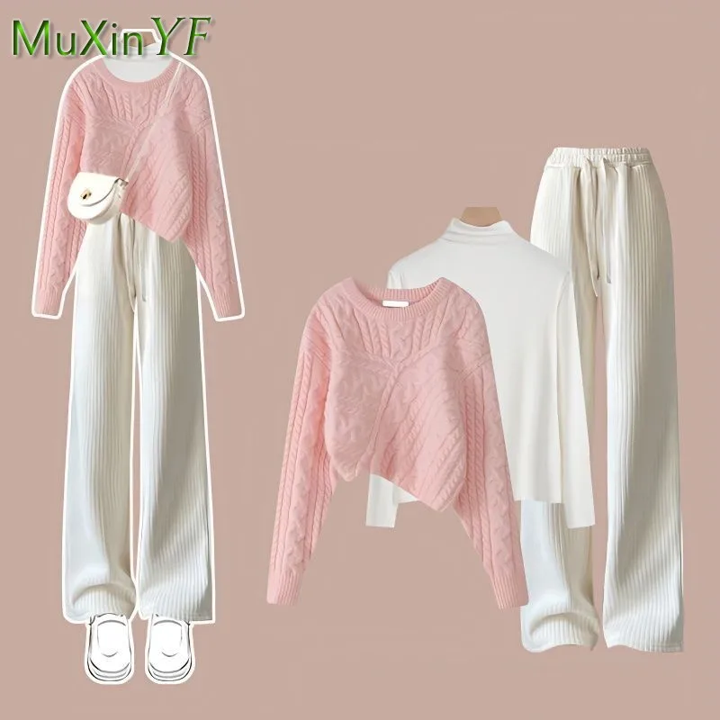 Women\'s Autumn Winter Suit 2023 New Fashion Knitted Sweater Undershirt Casual Pants 3 Piece Korean Elegant Trousers Matching Set