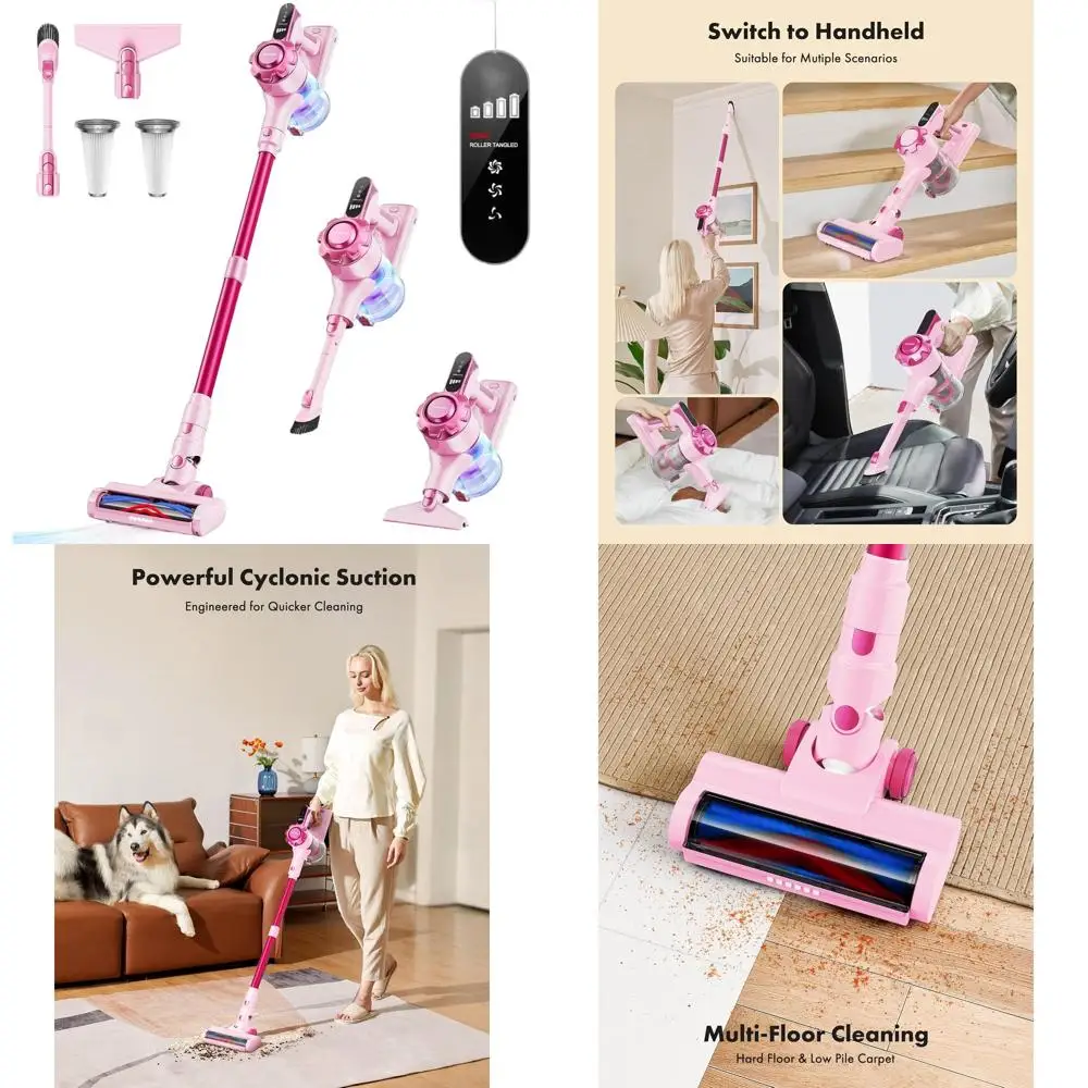

8-in-1 Lightweight Cordless Vacuum Cleaner, 45-Minute Runtime, Strong Suction for Various Floors and Pet Hair, Pink