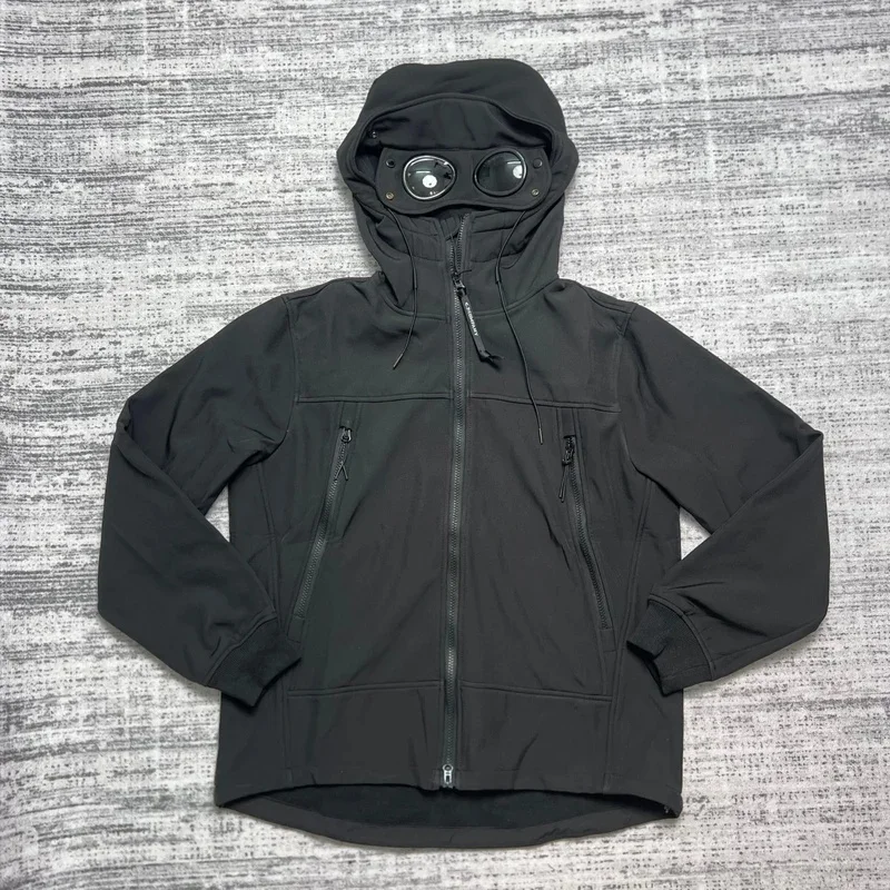 For Men's Iconic Goggle Lens Hooded Jacket, Softshell Fleece Lined Windproof Coat, Outdoor Sports Casual Zip Up Jacket