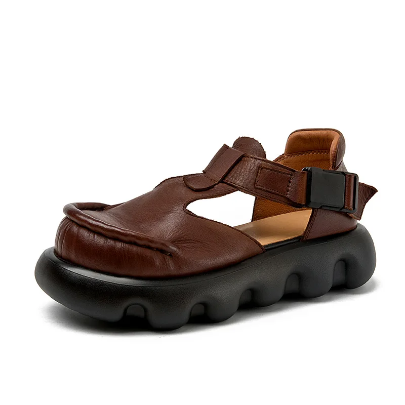 

4.5cm Ethnic Genuine Leather Mary Jane Round Summer Sandal Women Platform Wedge Buckle Summer Fashion Ankle Booties Shoes