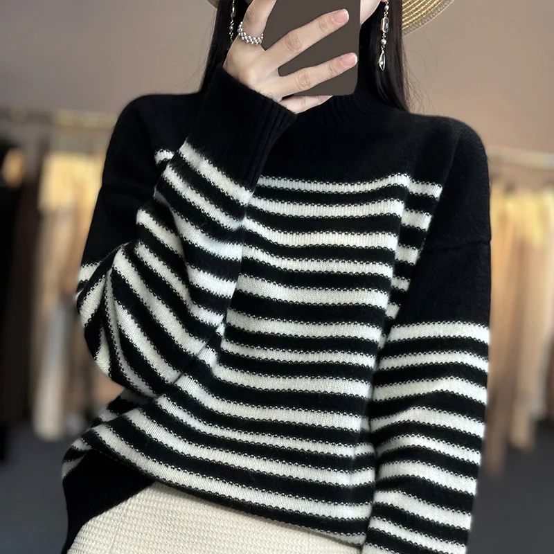 

Korean Sle Striped f High Collar Camere Knitwear Women's Autumn Winter Loose Fit Overhead Sweater Outerwear Base Layer