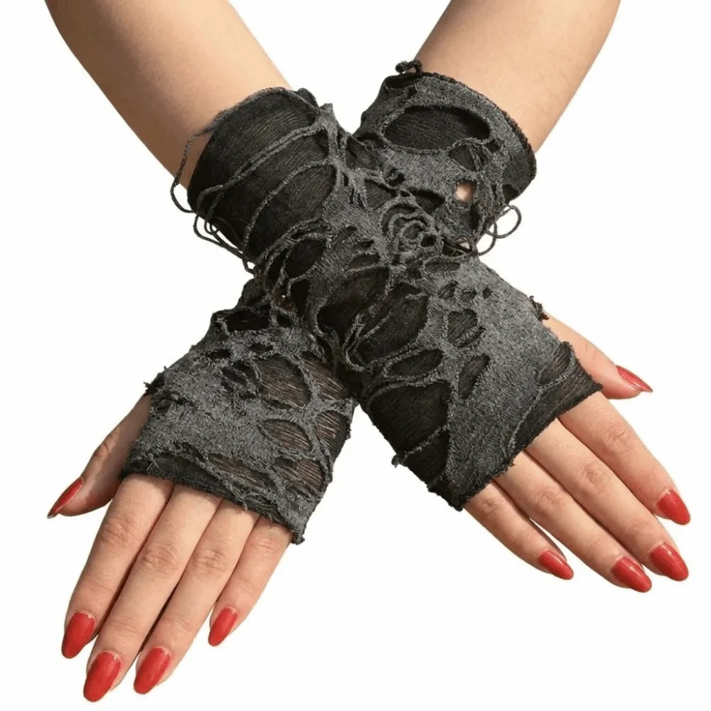 Fashion Gothic Style Fingerless Gloves Hollow Out Beggar Halloween Punk Gloves Tear Breathable Ripped Gloves Cosplay