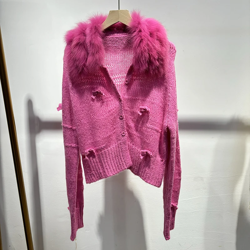 

2025 Hot Sale New Arrival Broken Design White Thin Fur Knitted Coat Real Fox Fur Knitting Girl's Luxury Slim Sweater Jacket Coat