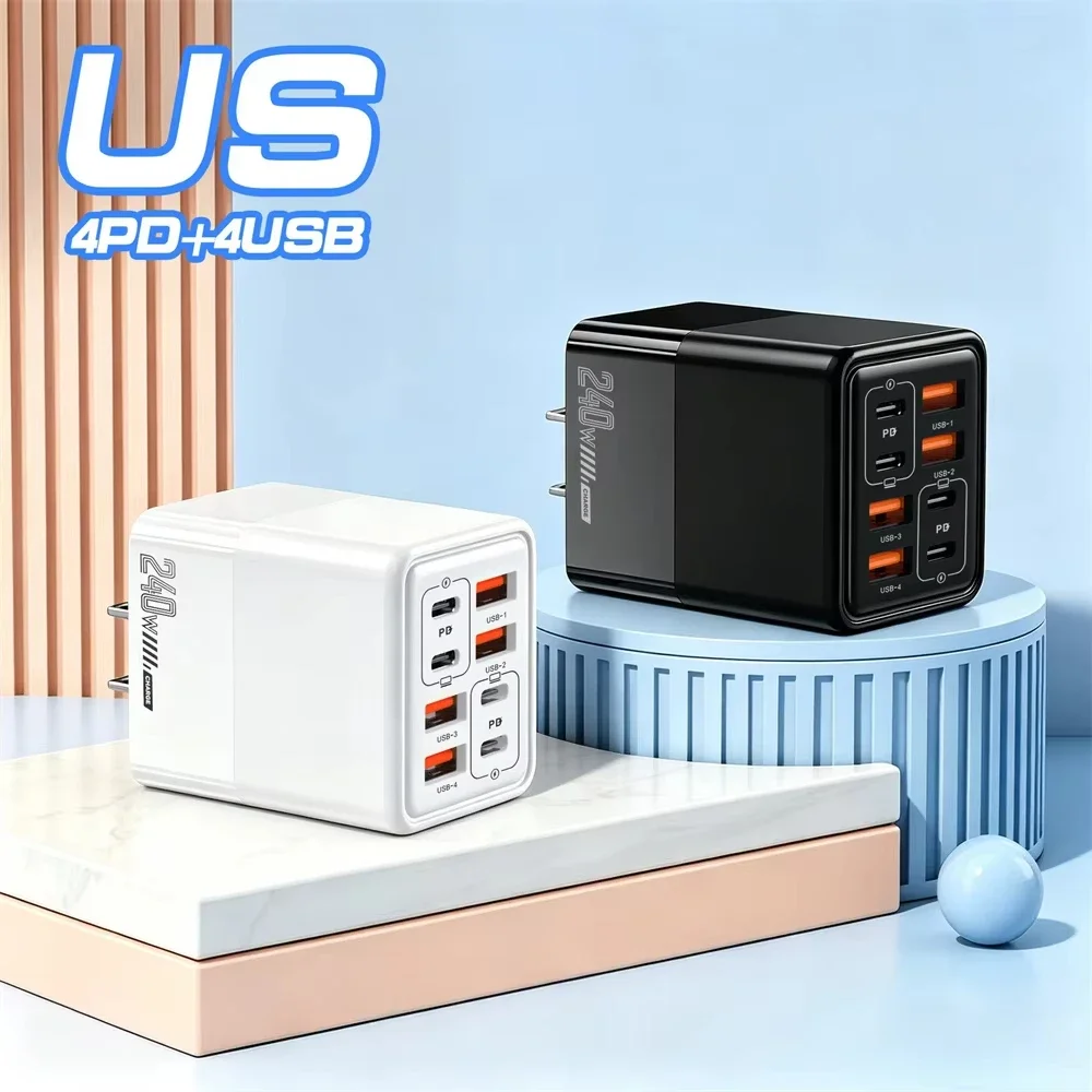 8-in-1 USB-C 240W Ladegerät, schnelles Ladegerät, Netzteil für iPhone, Samsung, Xiaomi, Huawei, EU/US/UK-Stecker, Wandladegerät – Detail 7