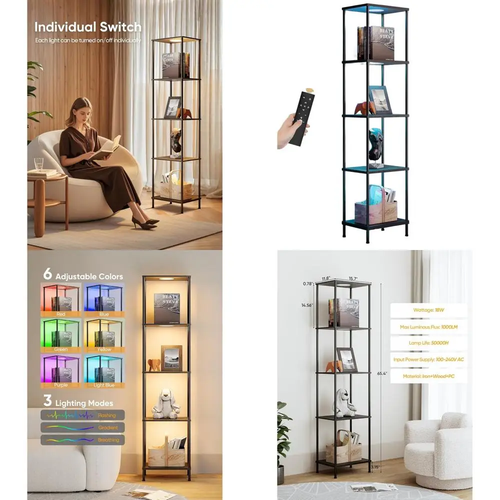 

Display Shelf with RGBW Light, Color Changing Curio Cabinet Floor Lamp with Shelves Corner Standing Column Lamp Etagere Organize