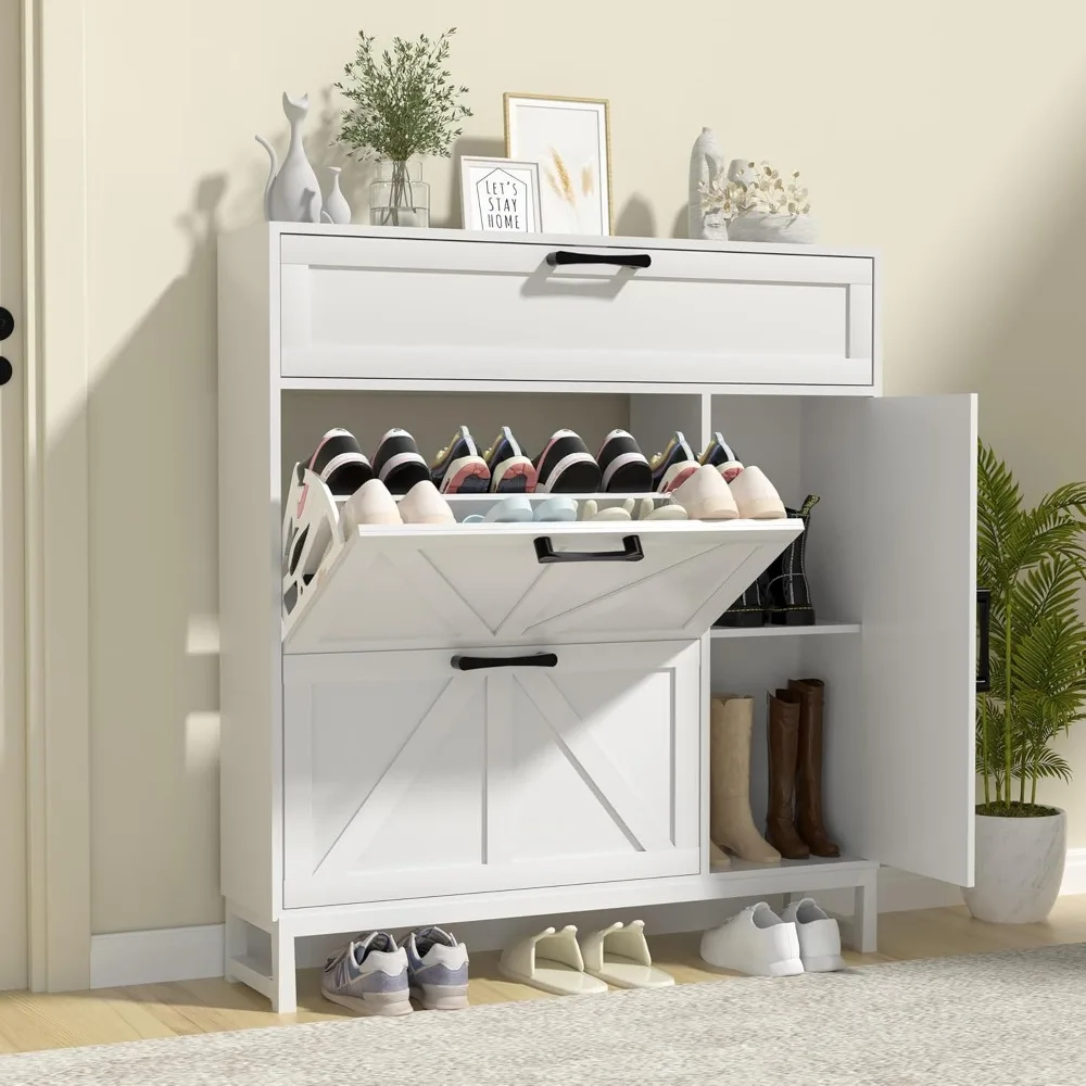 

Shoe Storage Cabinet with 2 Flip Drawers, Slim Freestanding Shoe Cabinet, Shoe Rack Cabinet with Open Storage for Entryway, Foye