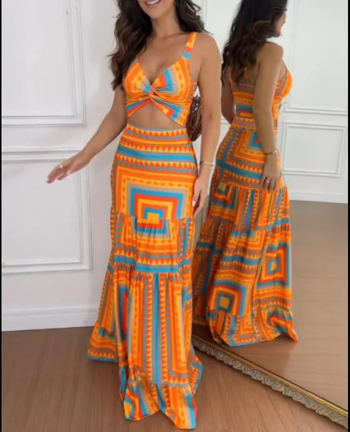 

Vacation 2 Pieces Outfit Woman 2025 Summer Sexy Elegant V-Neck Thick Strap Criss Cross Crop Top Geometric Print Maxi Dress Set