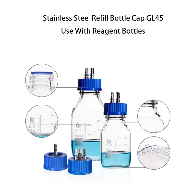 Stainless Steel GL45 Reagent Bottle Cap with Medium Openings for Refill, 1-4 Holes, Durable