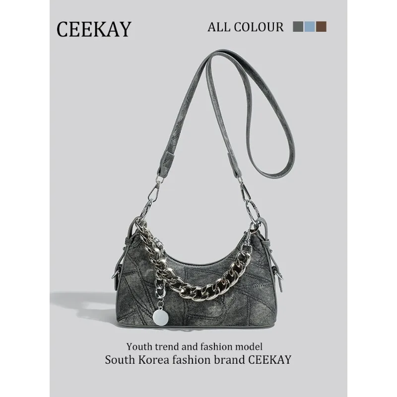 

Джинсовая сумка через плечо CEEKAY в стиле Y2K, винтажная сумка через плечо с металлической цепочкой, повседневная сумка через плечо для женщин