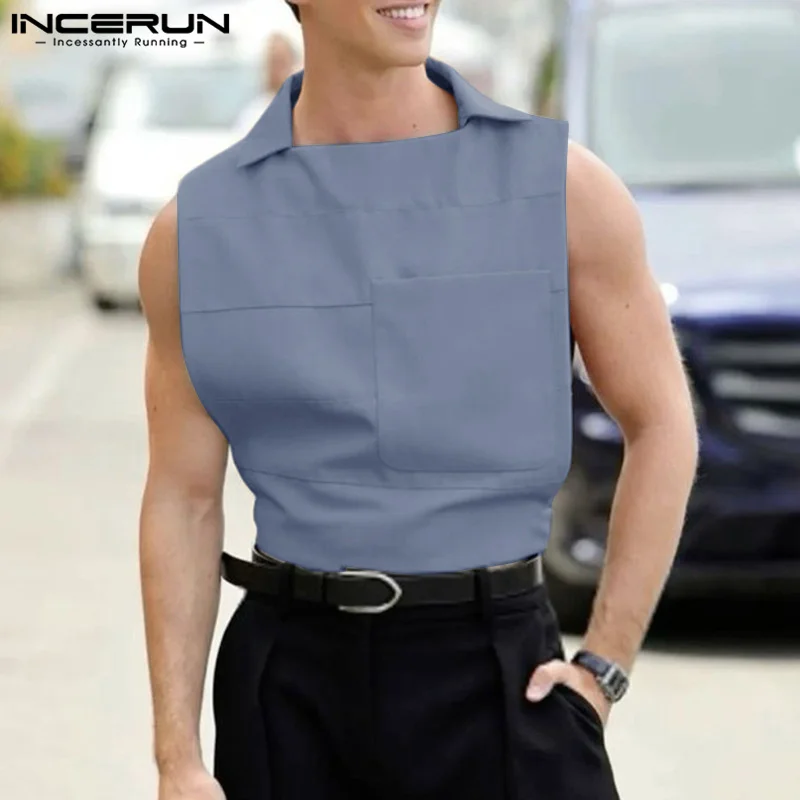 INCERUN Men Tank Tops Solid Color Lapel Sleeveless Casual Male Vests Streetwear Summer 2024 Pockets Fashion Men Clothing S-5XL