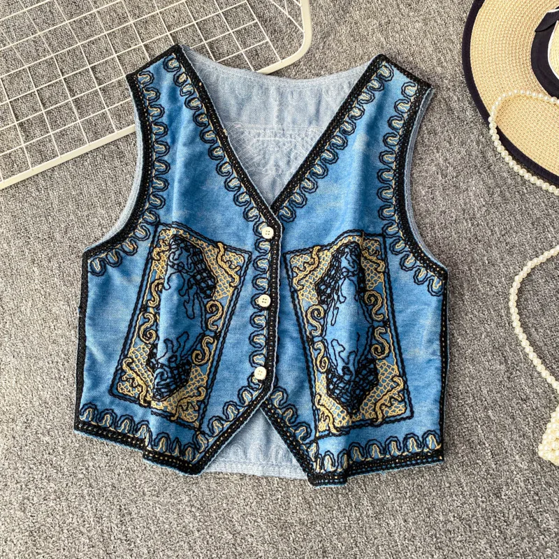 ANJY New Women Waistcoat Woven Embroidered V-Neck Single Breasted Contrast Color Elegant High Street Ins Short Denim Tops A10165