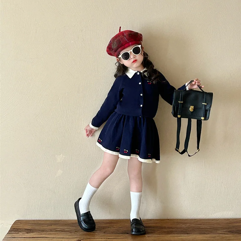 

2-7Y Autumn Girls Sets Stylish Cherry Yarn Set Baby Turndown Collar Sweater Cardigan and Skirt Two-piece Set