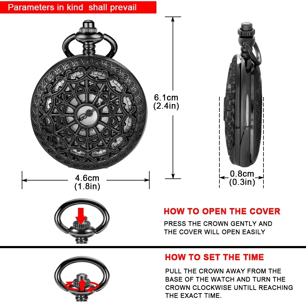 Orologio da tasca al quarzo rotondo floreale scheletrato squisito nero Accessori per gioielli da donna Orologio Collana da uomo con pendente Miglior regalo