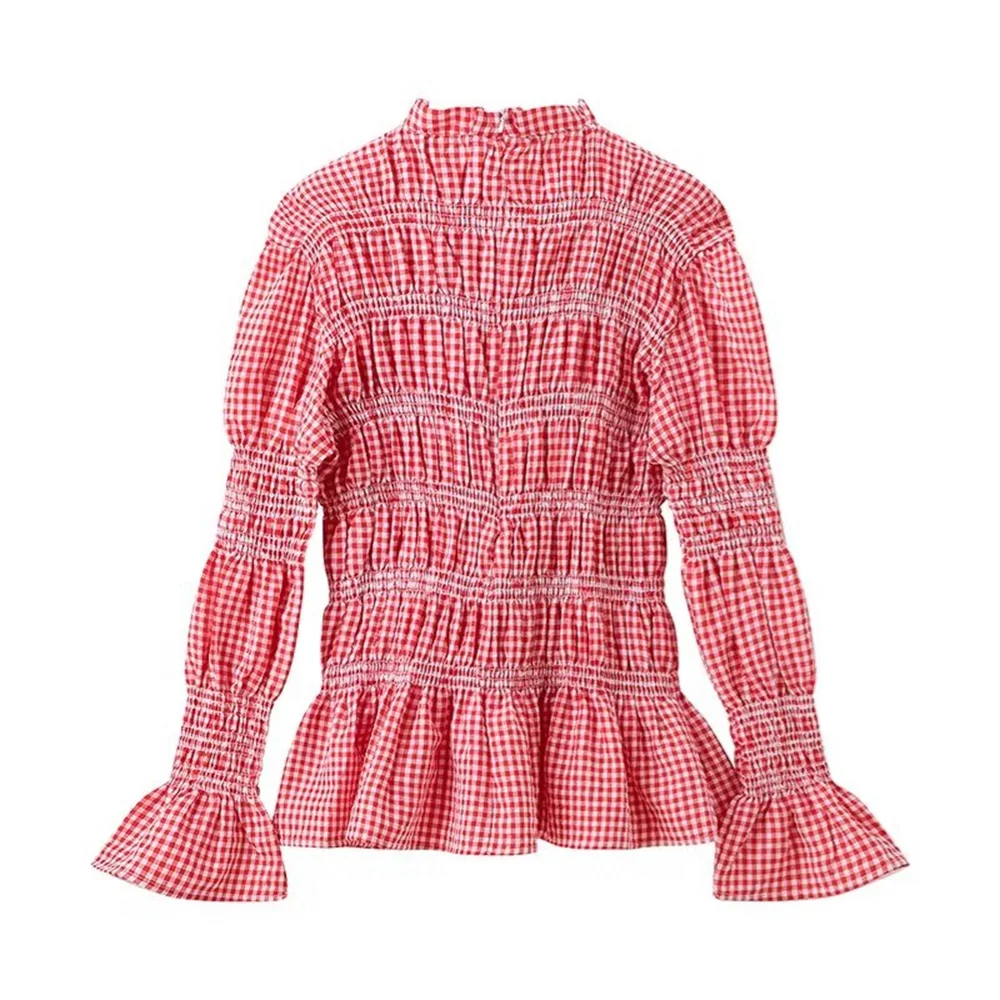 PB&ZA 2024 Spring New Women\'s Style Casual Slim Fit Versatile Ruffle Edge Pleated Design Checkered Top