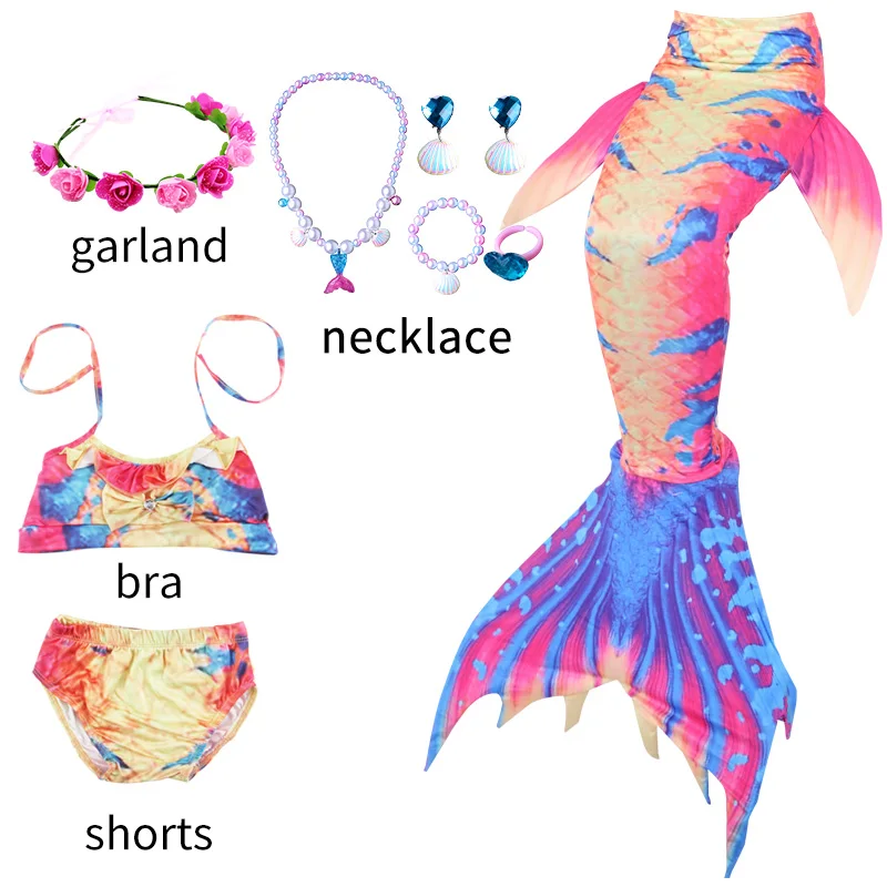 3-13 Years Old Girls The Little Mermaid Tails Children Memaid Swimsuit Kids Mermaid Tail for Swimming with Garland Nacklace