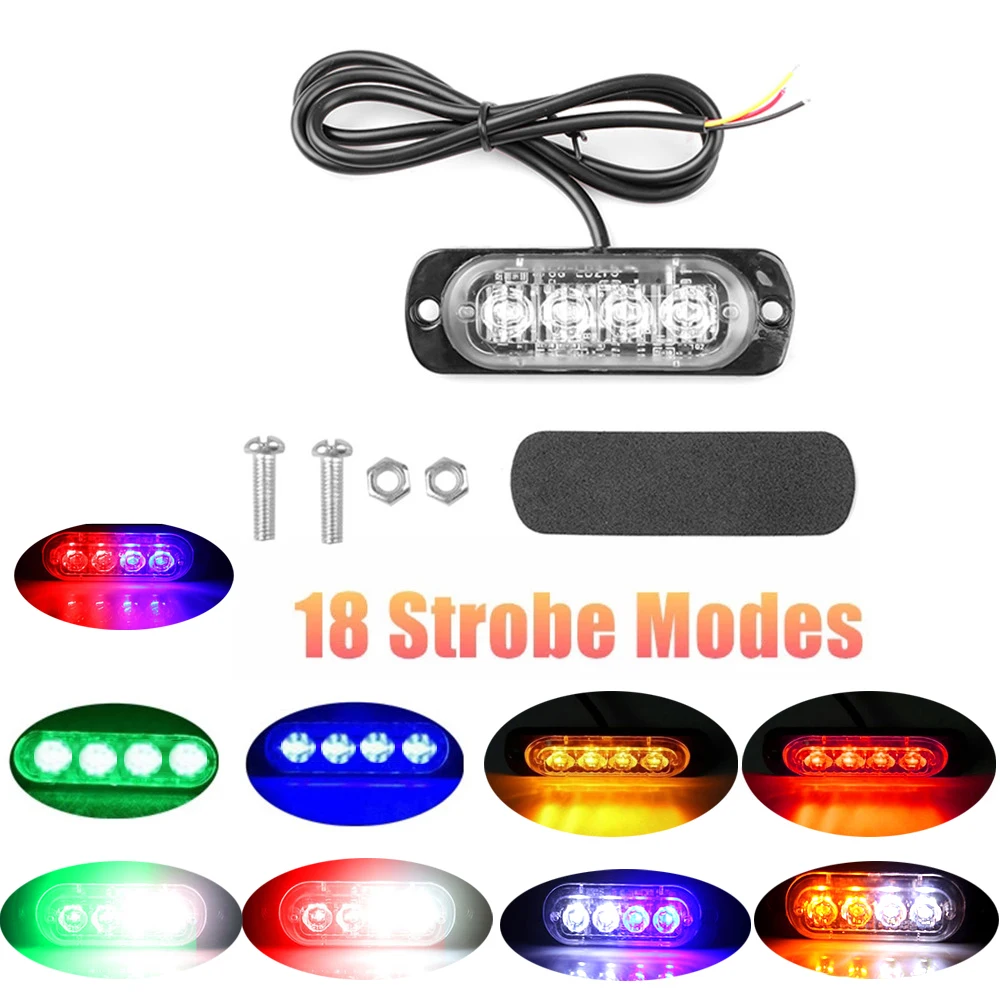 4 Led Car Signal Lamp Strobe Side Warning Light Grille Flashing Lightbar Beacon Lamp Amber Yellow White Traffic Light 12V - 24V