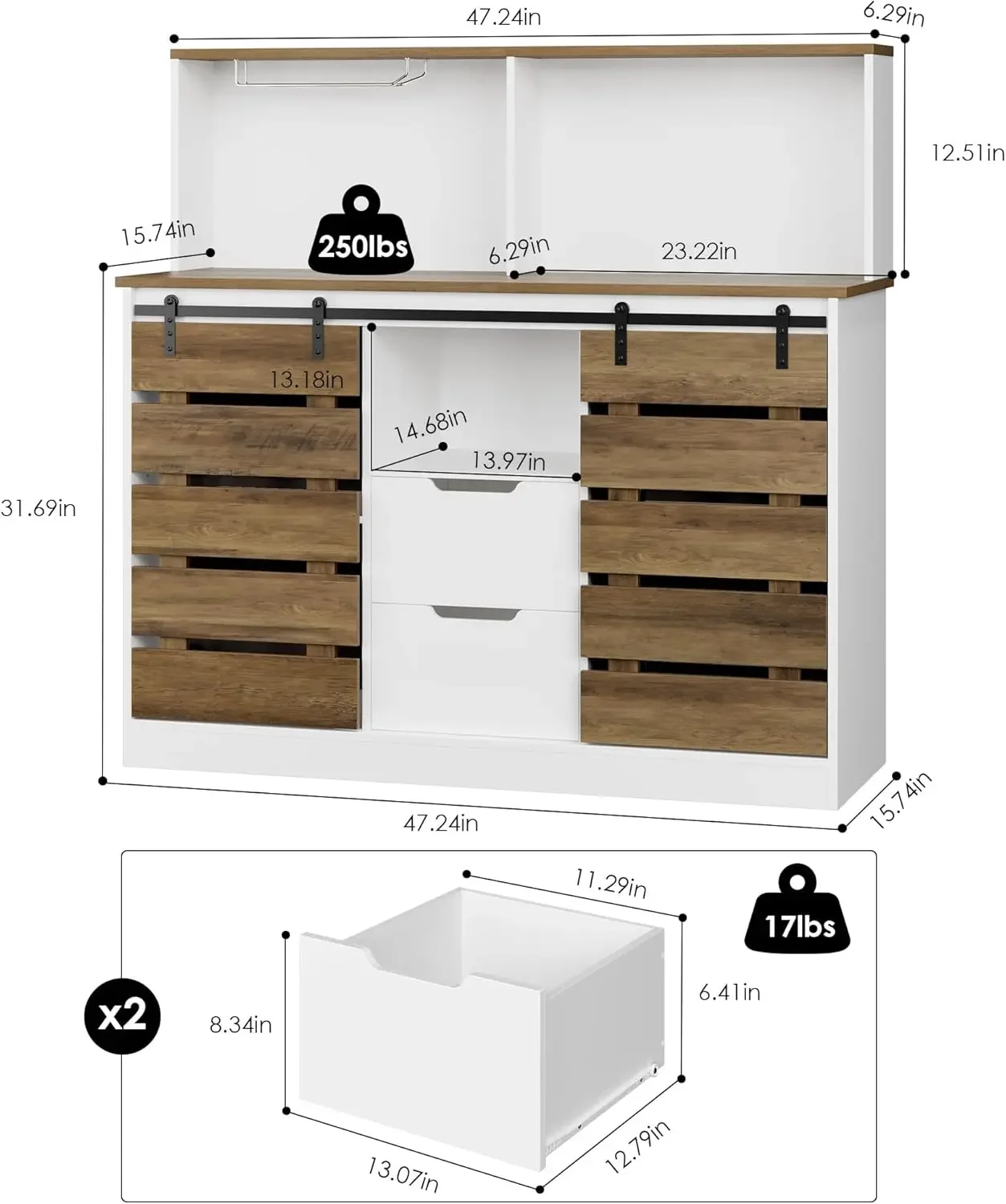 HOSTACK Farmhouse Coffee Bar Cabinet, 47" Sideboard Buffet Cabinet with Storage, Barn Doors Wine Bar Cabinet, Kitchen Buffet