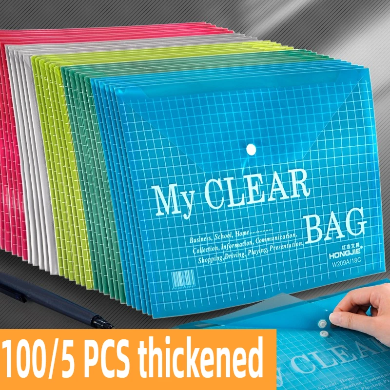 

100/5 PCS A4 Transparent File Bag Plastic Documents Filing Storage Bag File Folders Information Pocket Folders Stationery