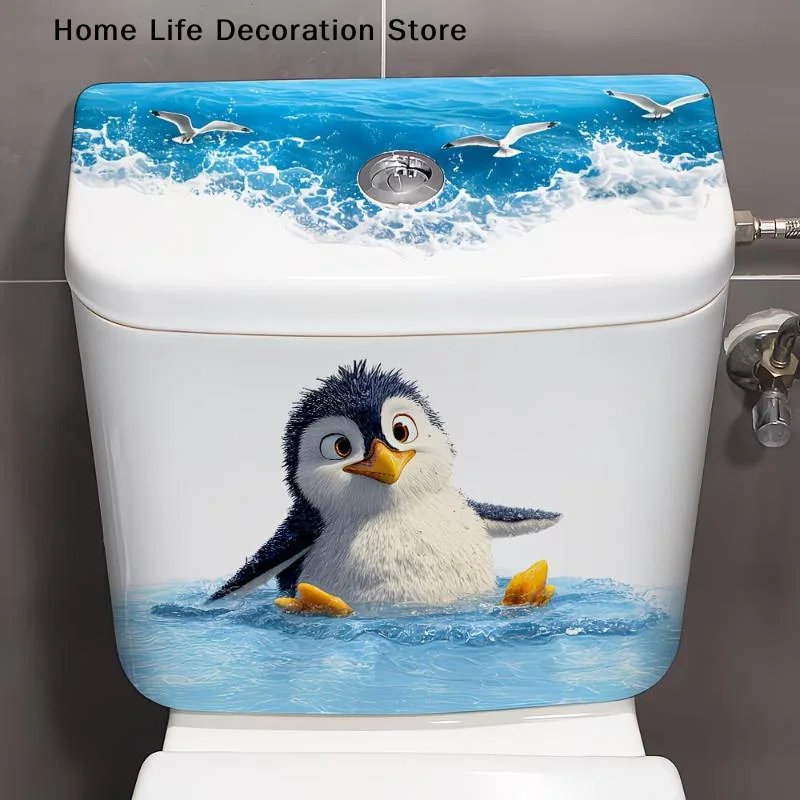 【H】Cute Swimming Penguin Toilet Sticker Toilet Lid Tank Sticker Bathroom Wall Sticker Self-Adhesive Removable Decals Home Decor
