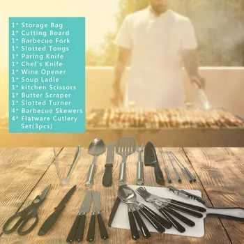 Portable Camping Kitchen Utensil Set, 27-Piece Stainless Steel Outdoor Cooking and Grilling Utensil Organizer 2