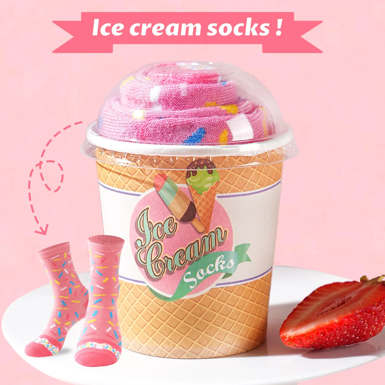 

1 пара мужских носков до середины икры, подходит для мужчин и женщин, новинка и веселая красочная подарочная коробка с мороженым, европейский и американский модный тренд, удобный и дышащий, повседневный подарок на день Святого Валентина, Рождество, Санта-