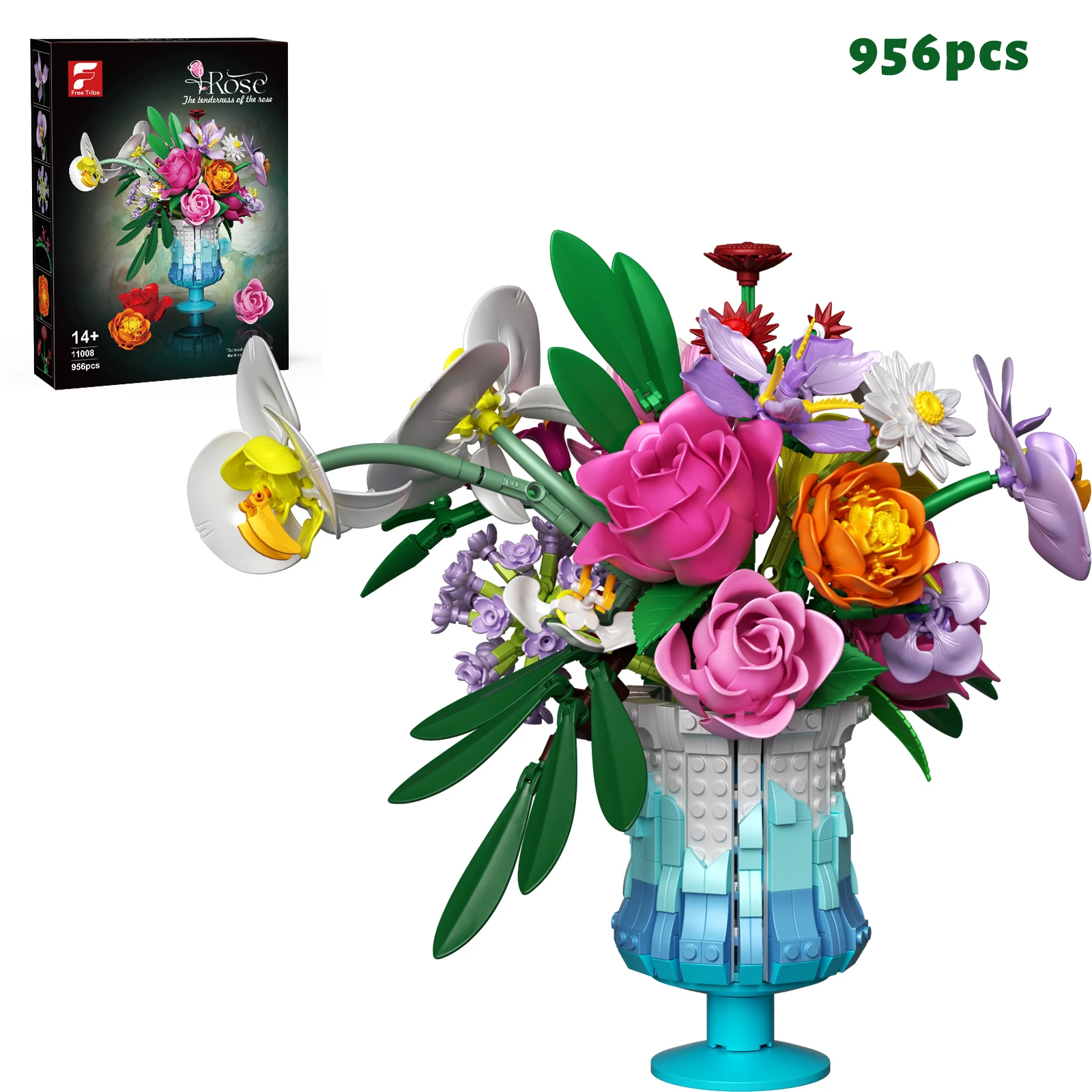 

956PCS European Potted Plants Flower Bouquet with Vase Building Blocks Simulation Flowers Home Decor Toy Girls Romatic Rose Gift