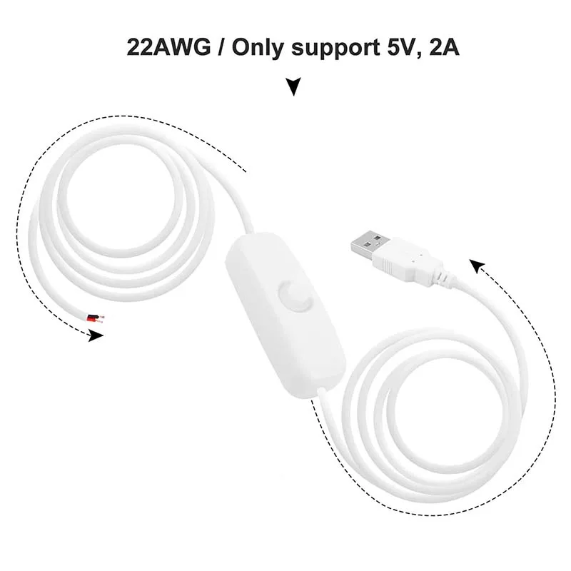 Cabo de alimentação para LED Strip, ligar e desligar botão interruptor, fio conector, branco, preto, USB para 2Pin, DC 5V, 2A, 1Pc