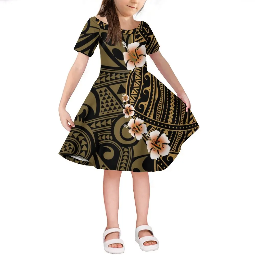 Samoa Island Girls Dress, Saia infantil de Hibiscus Flower Design, Vestido de festa casual, Atacado, Personalizado, Meninas, 2024