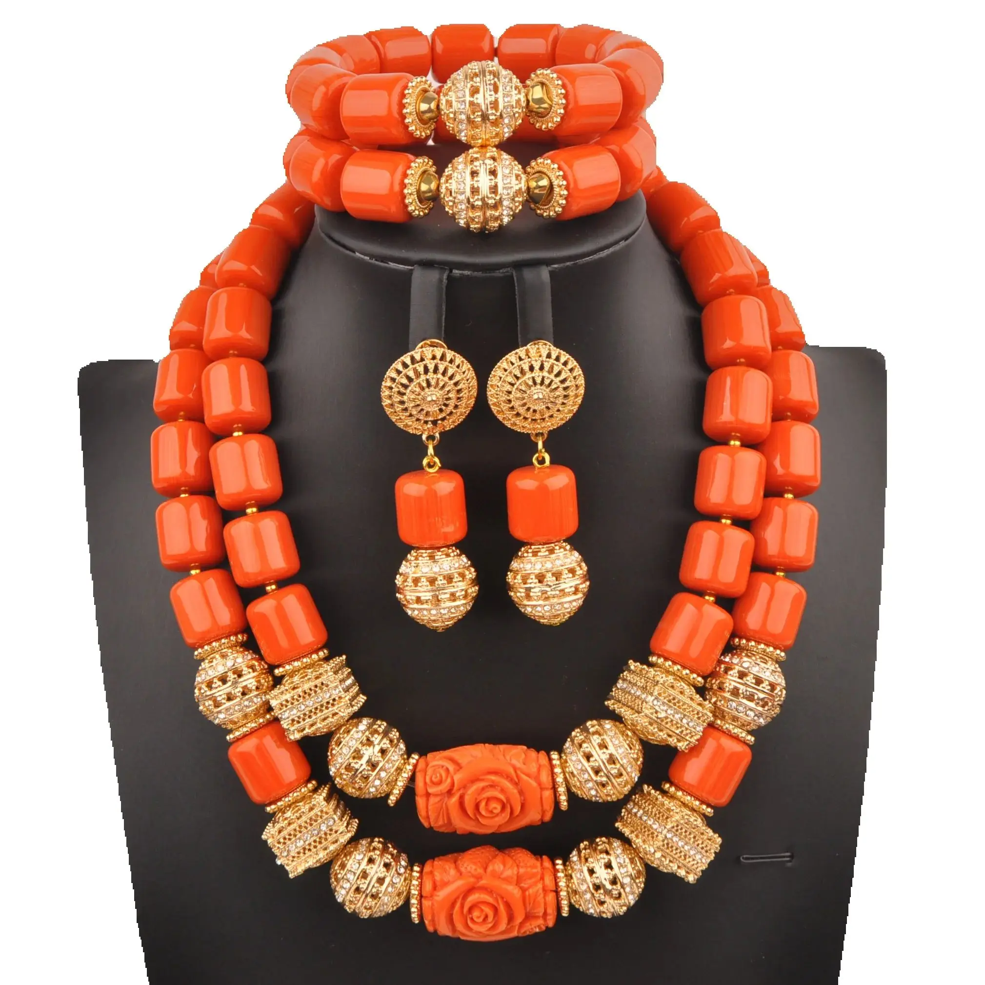 Orange Artificial Coral Bead Necklace African Wedding Bridal Jewelry Sets