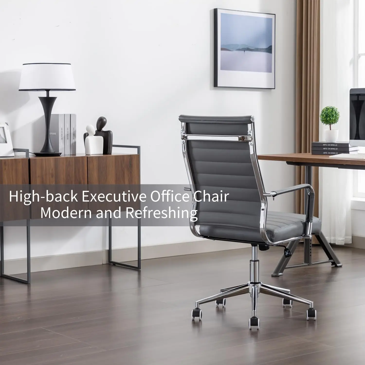 Office Desk Chair Leather, Conference Room Chairs with Wheels, Executive Modern Ergonomic Ribbed Computer Chair(Grey)