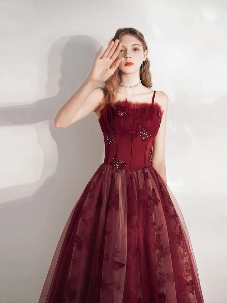 

Burgundy Celebrity Dresses Print Beading Applique A Line Women Spaghetti Strap Wedding Formal Party Bridesmaid Prom Gowns