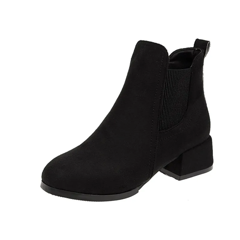 Women Ankle Boots Autumn Winter Boots Slip-on Round Toe Square Heel Solid Casual Black Camel Booties